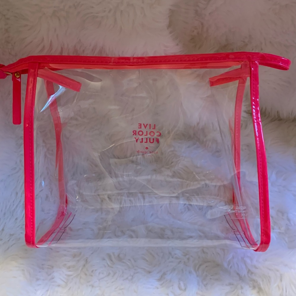 KATE SPADE transparent zippered make up tote bag with Neon Pink trim LNW…